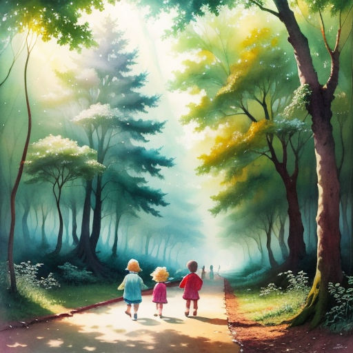 a painting of three children walking down a path in the woods with trees and sun shining through the trees