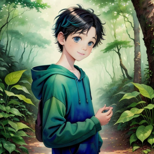 a boy in a green hoodie standing in a forest with a forest background and a path leading to a forest