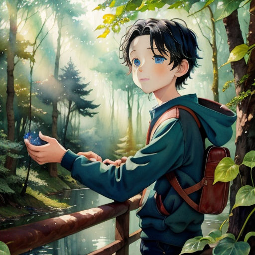 a boy in a forest holding a blue bird in his hand and looking at the ground with trees and water in the background