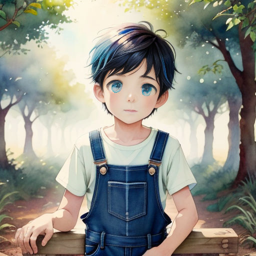 a boy with blue eyes is sitting on a bench in the woods with trees and grass behind him, and a forest with trees and grass behind him