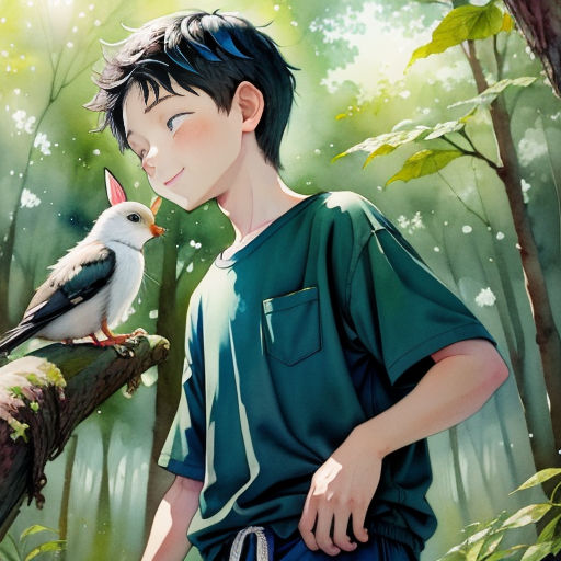 a boy is standing next to a bird on a branch in the woods, with a forest background, and a bird perched on the branch of a tree
