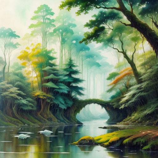 a painting of a forest with a bridge over a river and trees on the other side of the river