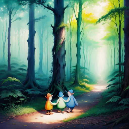 a painting of two people walking in the woods together, with a light shining through the trees behind them