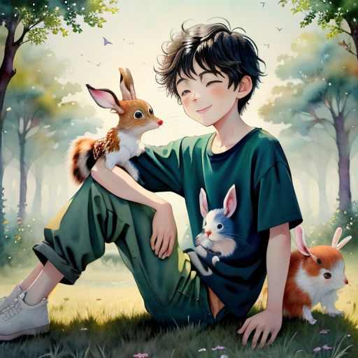 a boy holding a rabbit and two rabbits in a forest with trees and flowers in the background, with a forest scene in the background