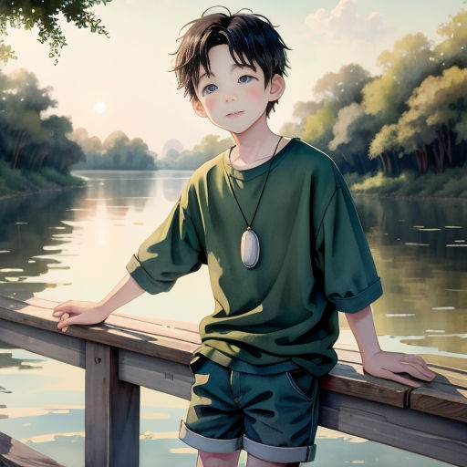 a boy standing on a wooden bridge over a river with a lake in the background and trees in the foreground