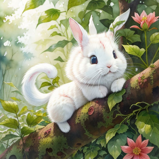 a white rabbit sitting on top of a tree branch with flowers around it's neck and eyes closed