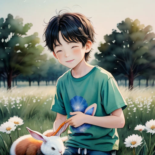 a boy holding a rabbit in a field of flowers and daisies with trees in the background and a blue sky