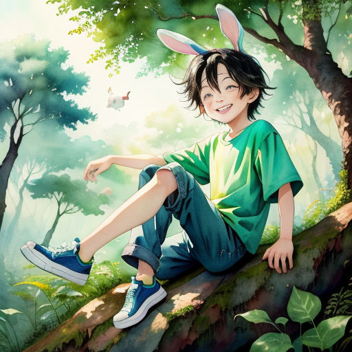 a boy sitting on a tree branch with a bunny ears on his head and a green shirt on his shirt