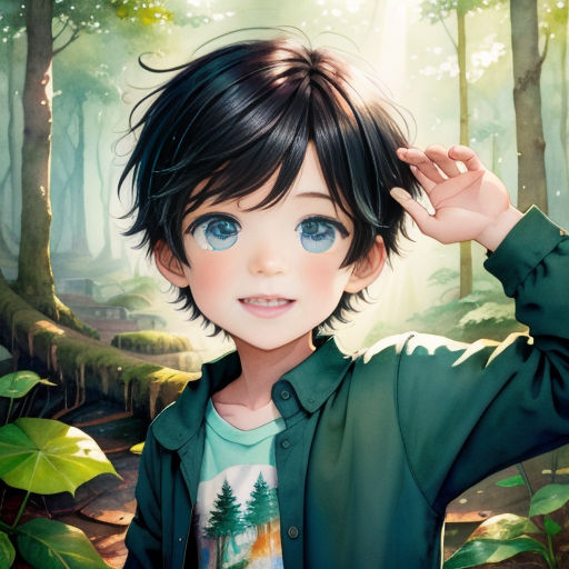 a boy with blue eyes standing in the woods with his hands on his head and a forest background behind him