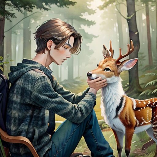 a boy sitting on a bench next to a deer in a forest with a forest background and a forest scene
