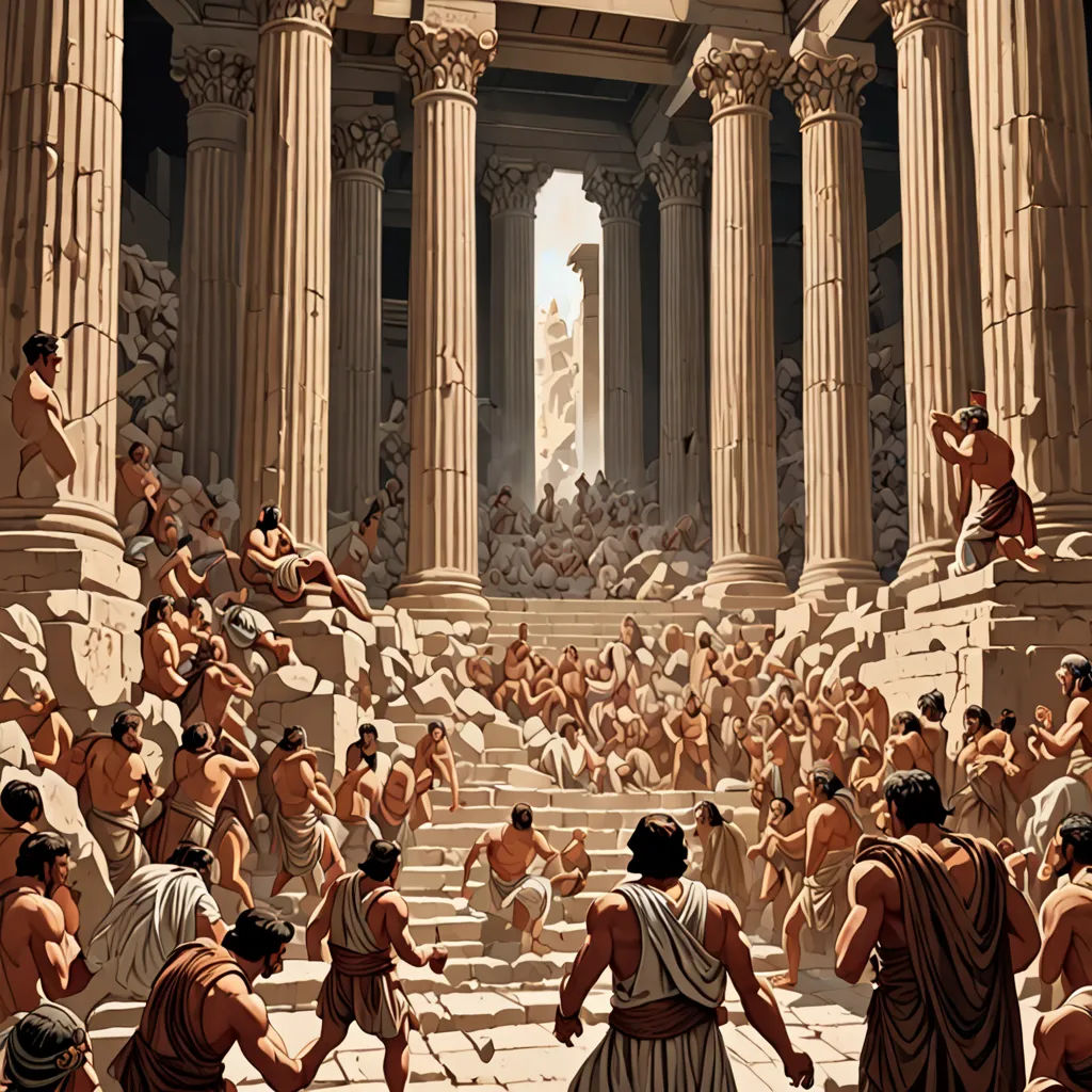 a painting of a crowd of people in a temple with columns and columns on either side of the building, a detailed matte painting, highly detailed digital painting, neoclassicism, Dan Mumford