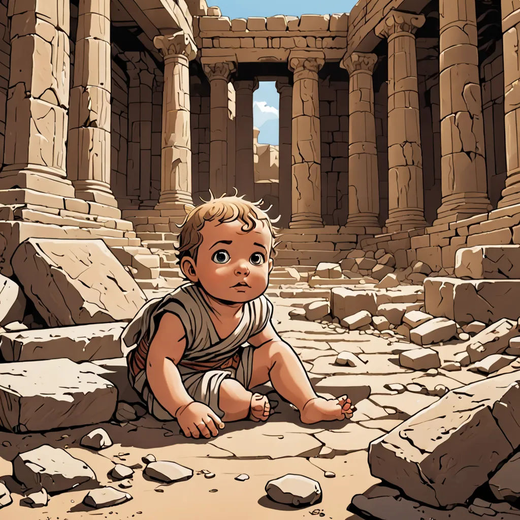 a baby sitting on the ground in front of a building with columns and a sky background with clouds in the sky, a comic book panel, comic cover art, context art, Asaf Hanuka