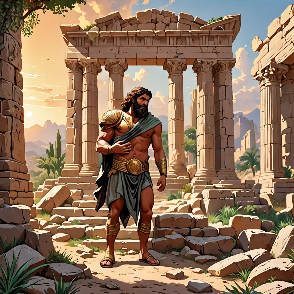a painting of a man holding a child in a temple with ruins in the background and a sky background, a detailed matte painting, magic the gathering artwork, neoclassicism, Christophe Vacher