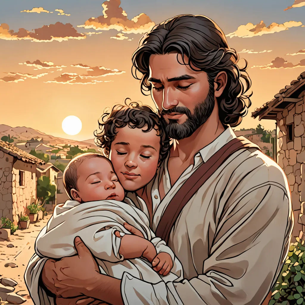 a man holding a baby in his arms in front of a sunset sky with a house and a mountain in the background, a storybook illustration, official art, american scene painting, Brothers Hildebrandt