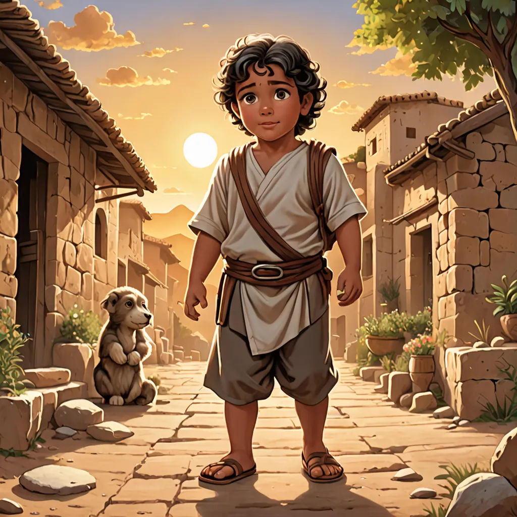 a boy in a roman outfit standing in a village with a dog on the side of the road and a sun setting behind him, a storybook illustration, kinkade, fantasy art, Aaron Jasinski