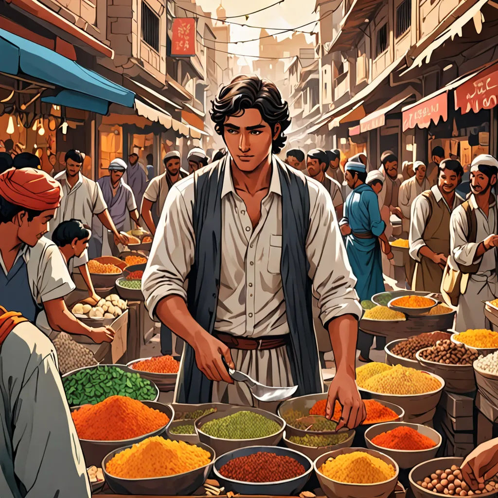 a man standing in front of a table filled with bowls of food and bowls of beans and other foods, a comic book panel, orientalism, hurufiyya, Altoon Sultan