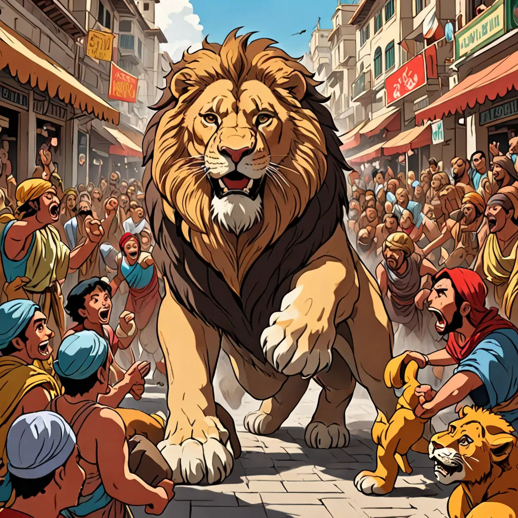 a lion is walking through a crowd of people in a city street with buildings and people around it,, a comic book panel, detailed illustration, furry art, Chris LaBrooy