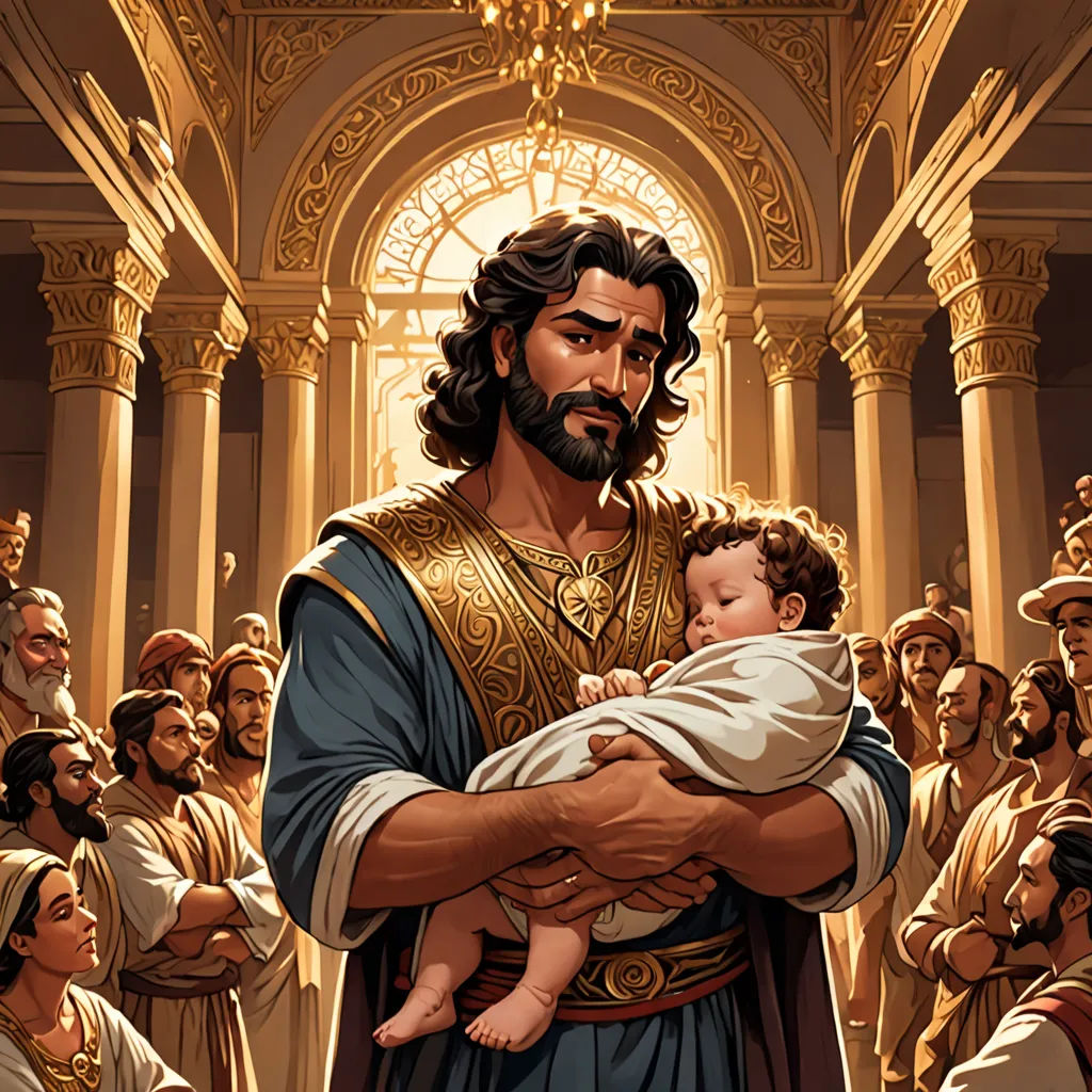 a painting of a man holding a baby in his arms with a crowd of people behind him in a church, a storybook illustration, radiant light, socialist realism, Brothers Hildebrandt