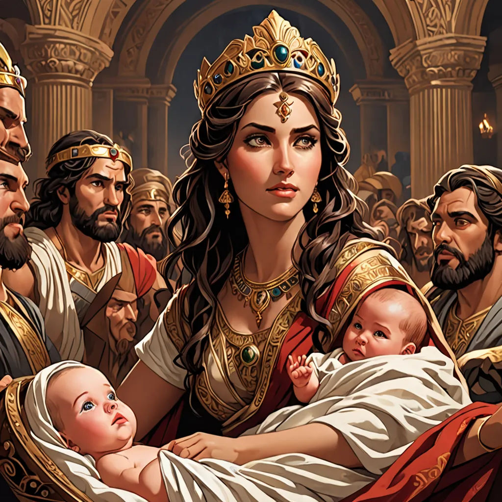 a painting of a woman holding a baby in a crowd of men and women in ancient costumes and with a baby in her arms, a detailed painting, official art, qajar art, Donato Giancola