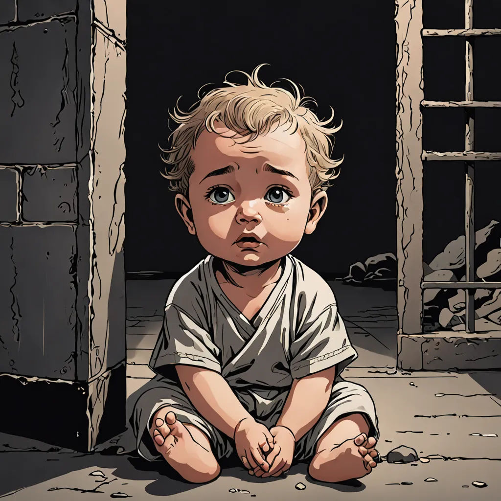 a little boy sitting on the ground in front of a doorway with a window in it's corner, a comic book panel, comic cover art, hyperrealism, Brian Bolland