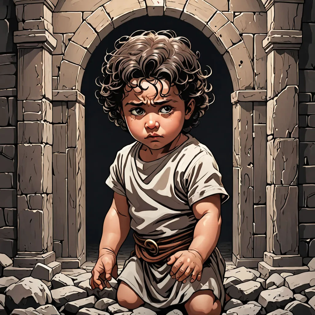 a little boy sitting on a pile of rocks in front of a doorway with a stone wall and a brick archway, a character portrait, comic cover art, fantasy art, Dan Mumford