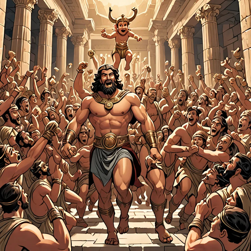 a man standing on top of a crowd of people in a building with a man on his shoulders and a woman on his shoulders, a comic book panel, comic cover art, sumatraism, Asaf Hanuka