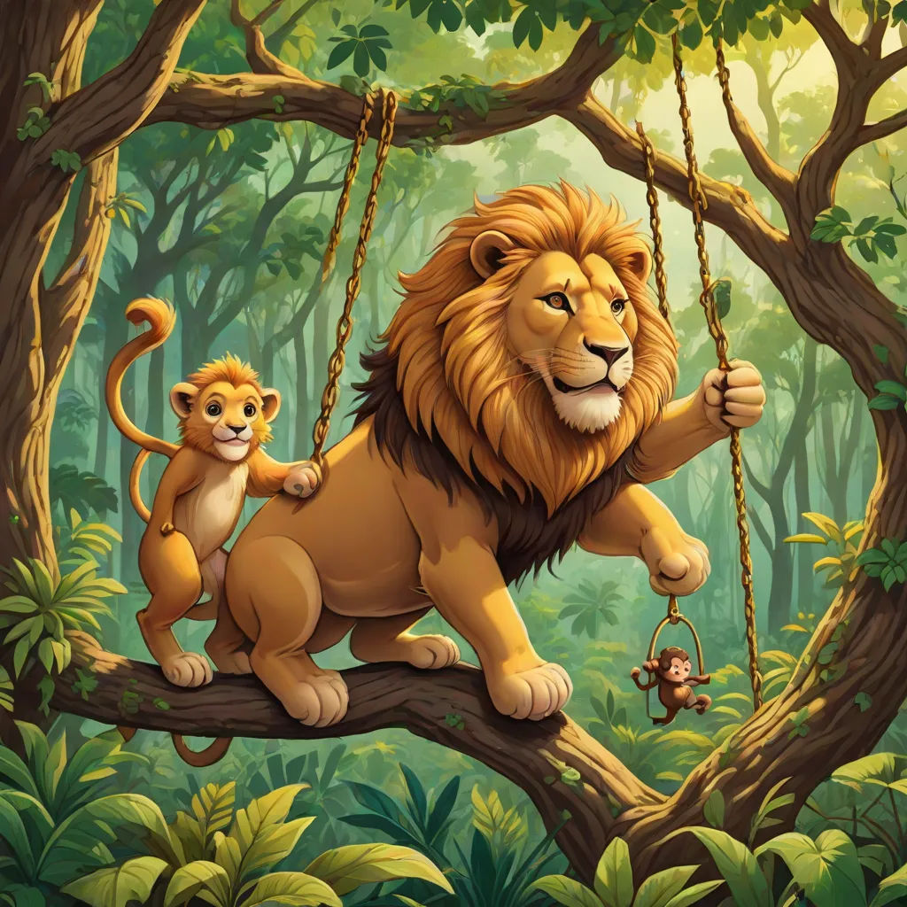 a lion and a monkey are sitting on a tree branch in the jungle with a monkey hanging from the branch, Chris LaBrooy, lyco art, a storybook illustration, official art