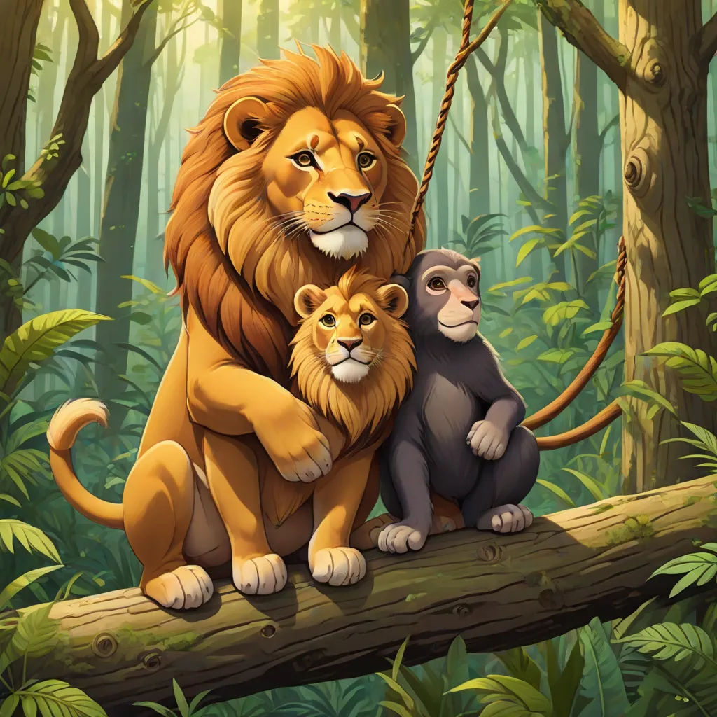a lion and a monkey are sitting on a tree branch in the jungle with a rope hanging from the tree, Chris LaBrooy, furry art, a poster, official art