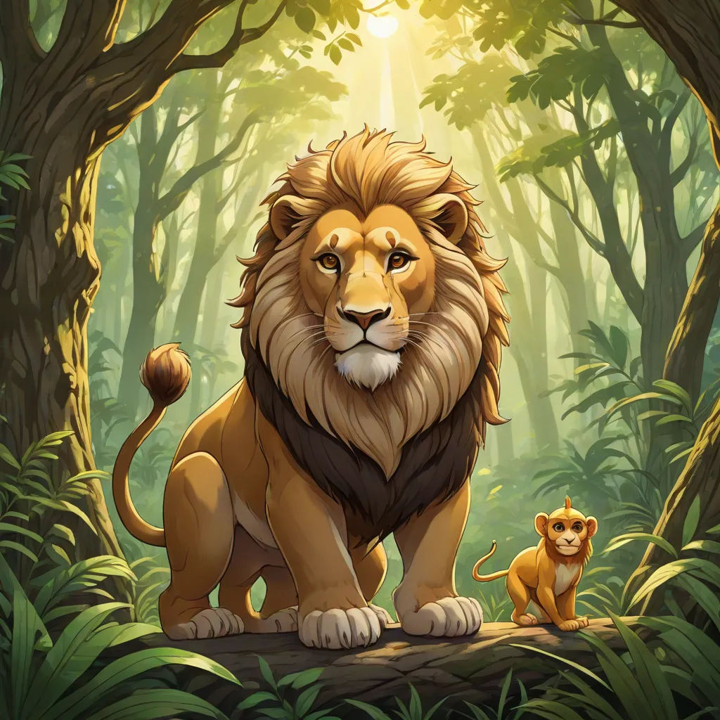 a lion and a lion cub in a jungle scene with sunlight coming through the trees and leaves on the ground, Chris LaBrooy, furry art, a poster, official art