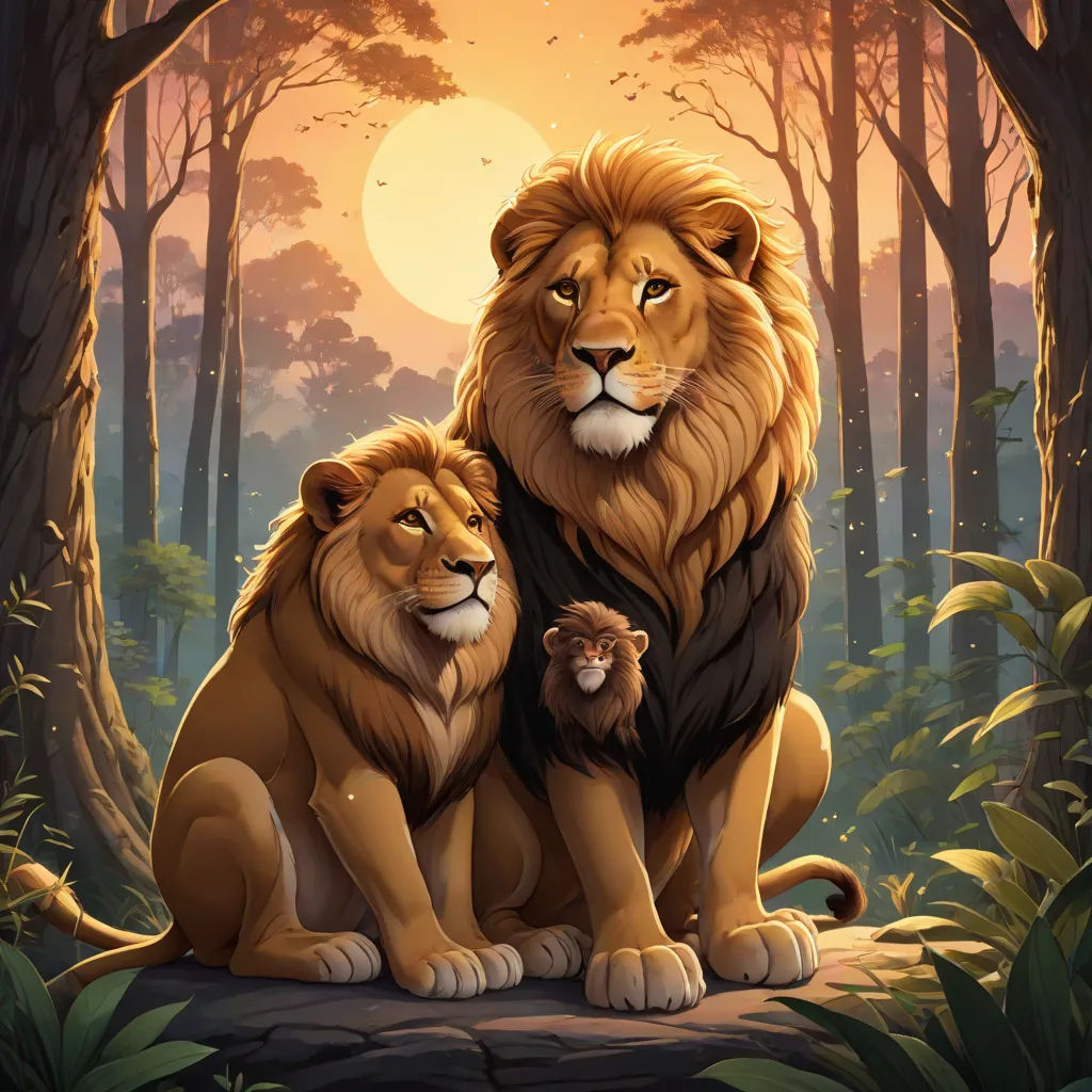 a lion and a lion cub sitting in the woods at sunset with the sun behind them and trees in the background, Chris LaBrooy, furry art, an oil painting, official art