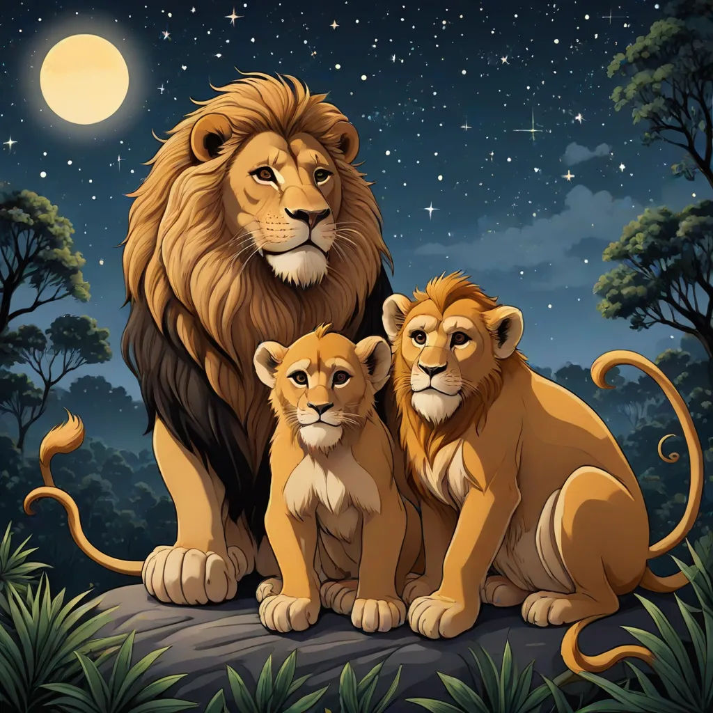 a lion and two cubs sitting in the grass under a full moon sky with stars and trees in the background, Brothers Hildebrandt, furry art, a poster, wildlife photography