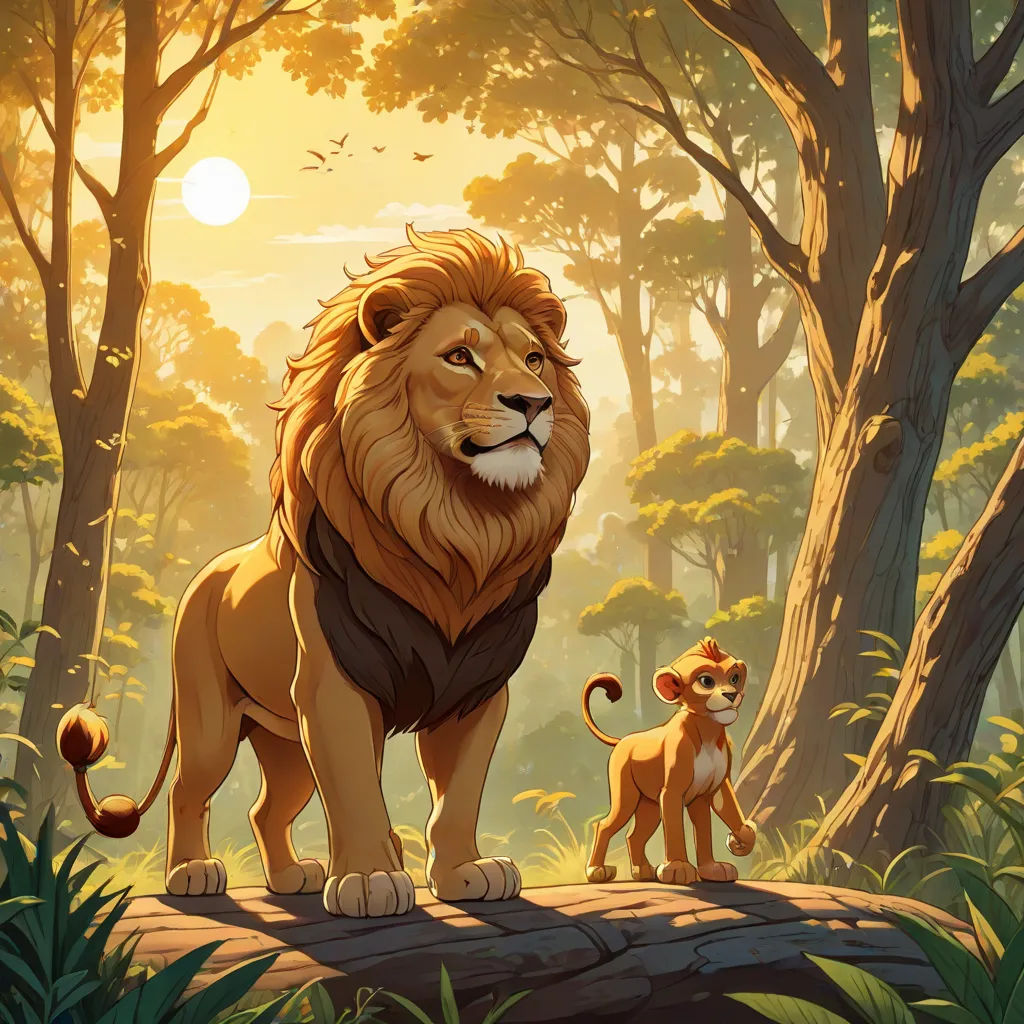 a lion and a lion cub standing in the jungle with the sun shining through the trees behind them and a tree trunk, Chris LaBrooy, sots art, poster art, official art