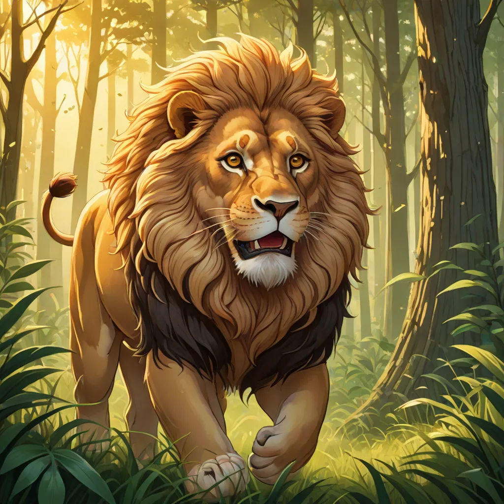 a lion walking through a forest with trees and grass in the background, with sunlight shining through the trees, Chris LaBrooy, furry art, a digital painting, official art