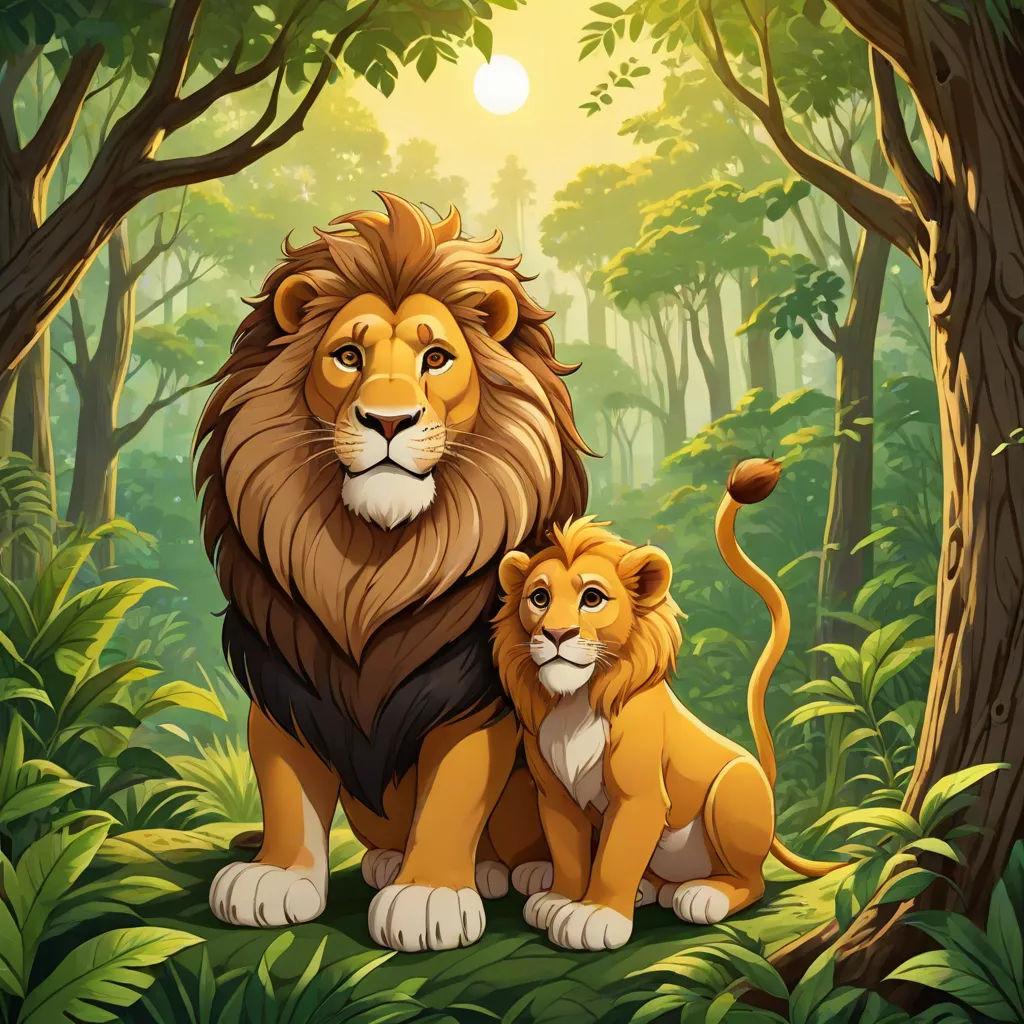 a lion and a lion cub sitting in the jungle together with the sun shining through the trees behind them, Chris LaBrooy, furry art, a storybook illustration, official art