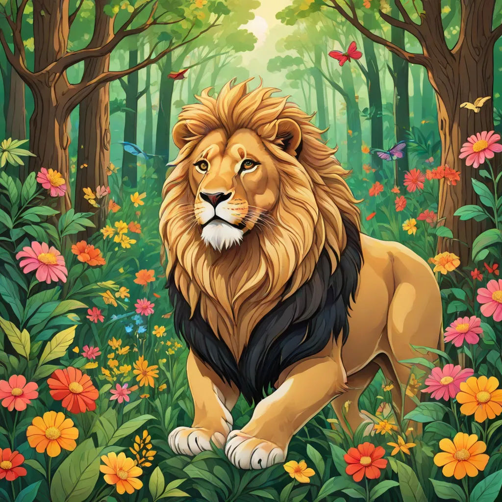 a lion in the jungle surrounded by flowers and trees with a butterfly flying overhead in the background of the picture, Chris LaBrooy, fantasy art, a storybook illustration, highly detailed digital painting