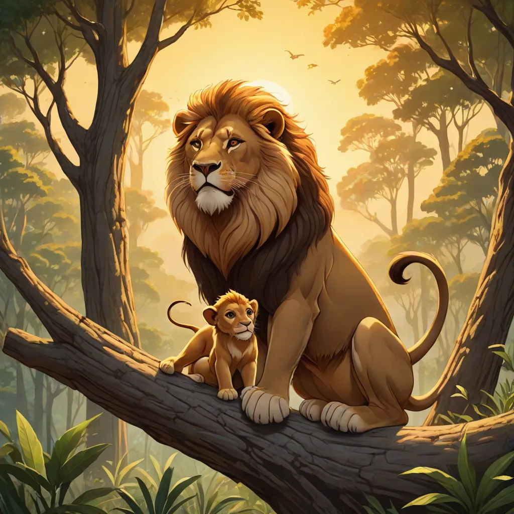 a lion and a cub sitting on a tree branch in a jungle setting with the sun shining through the trees, Chris LaBrooy, furry art, an oil painting, official art