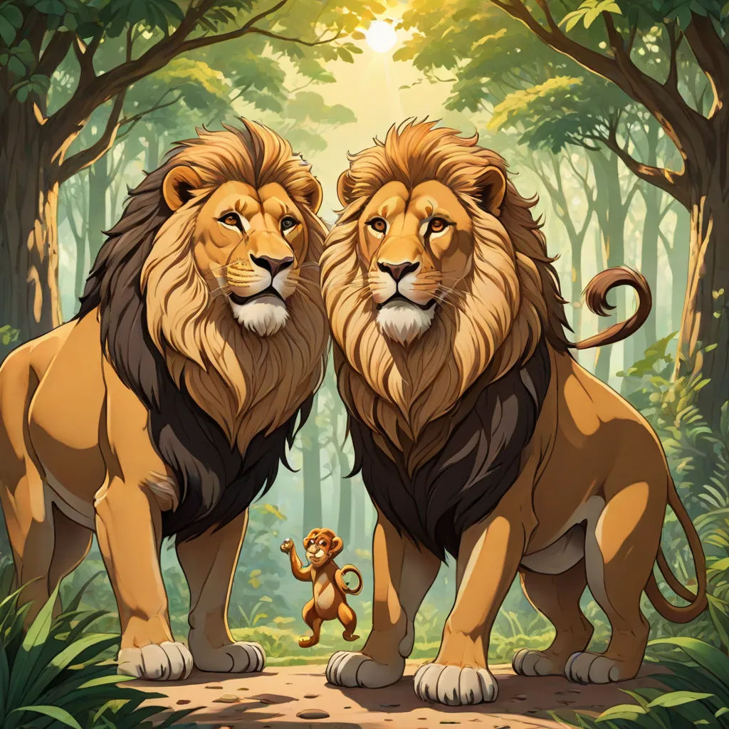 two lions standing in the middle of a forest with a lion cub in front of them, with the sun shining through the trees, Chris LaBrooy, furry art, a poster, official art