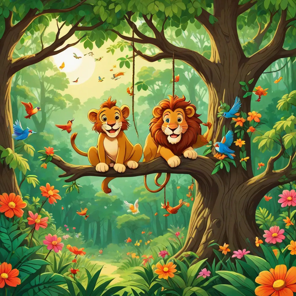 two lions sitting on a tree branch in a jungle with butterflies and flowers around them, with a bird flying above, Chris LaBrooy, naive art, a storybook illustration, jungle