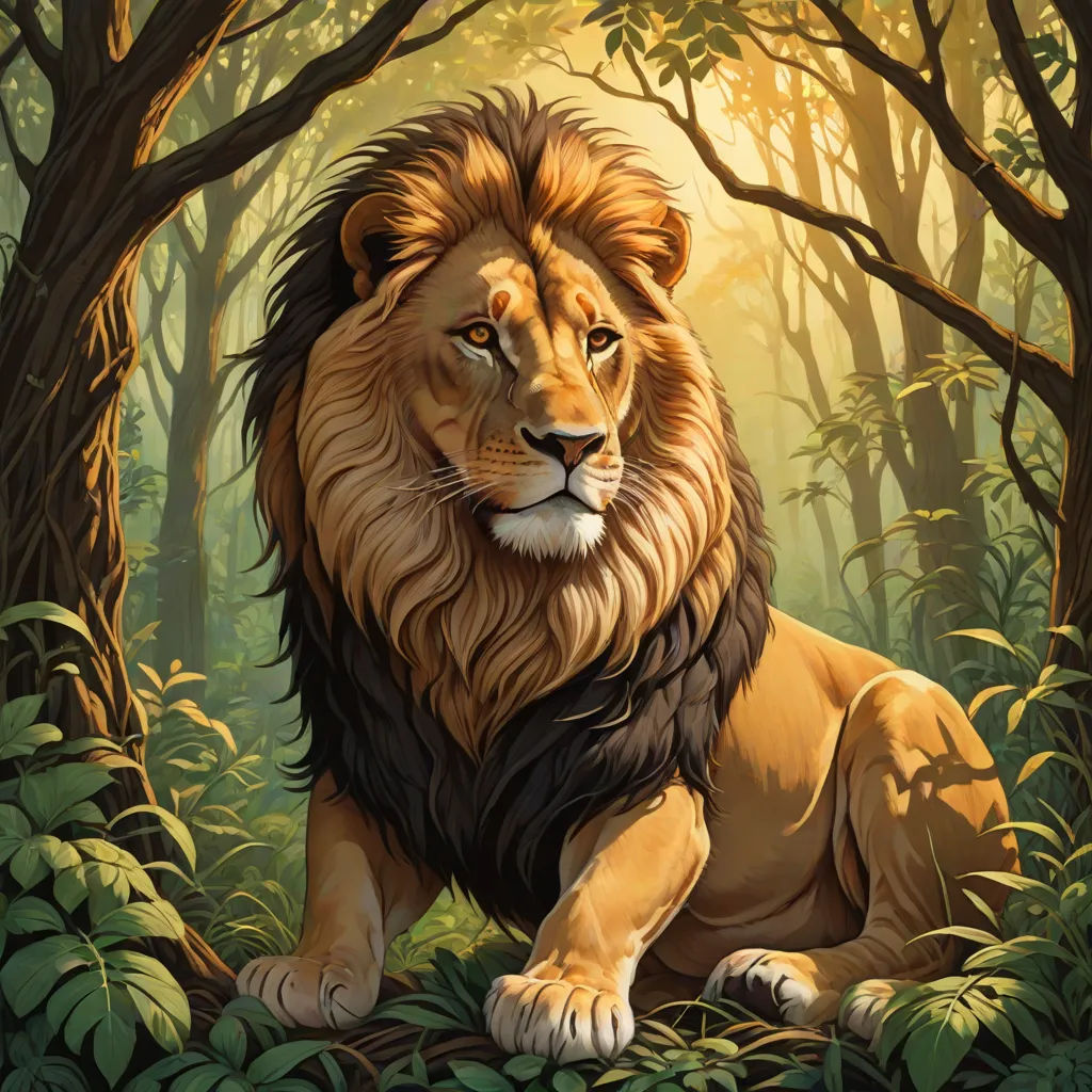 a lion sitting in the middle of a forest with trees and bushes around it's edges and a sunlit background, Chris LaBrooy, furry art, an airbrush painting, highly detailed digital painting