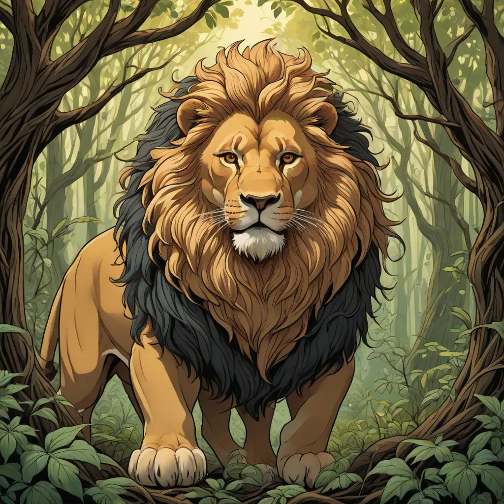 a lion standing in the middle of a forest with trees and bushes around it's sides and a forest background, Chris LaBrooy, fantasy art, a storybook illustration, official art