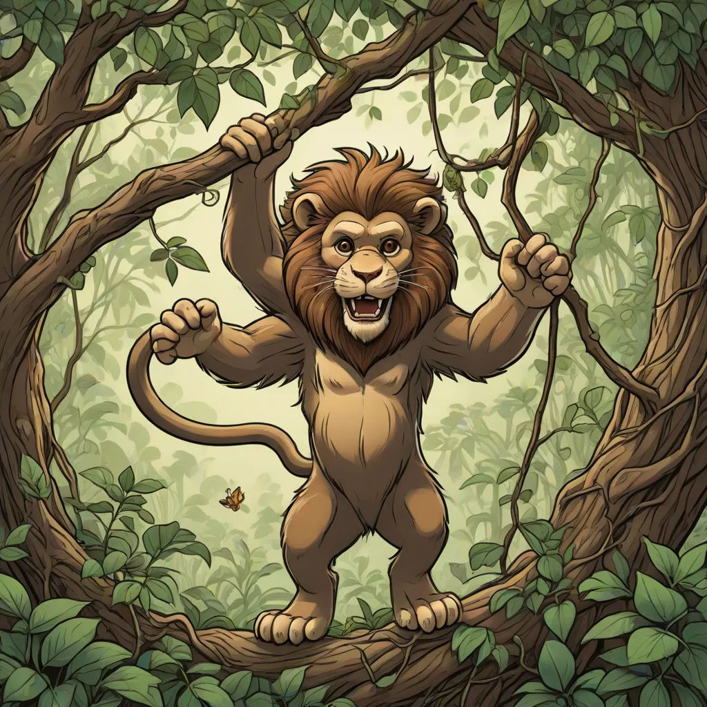 a lion standing on a tree branch in a forest with leaves and vines around it's neck and arms, Chris LaBrooy, fantasy art, a storybook illustration, jungle