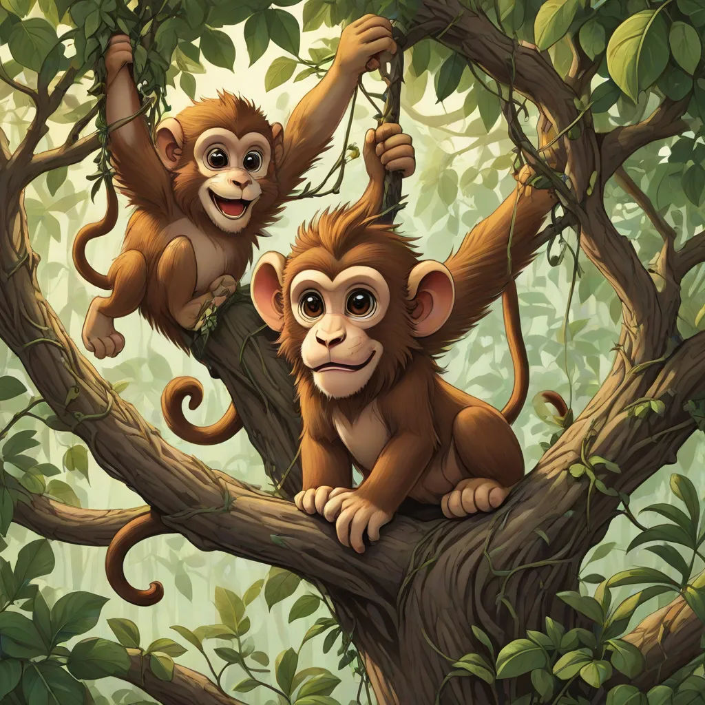 two monkeys hanging from a tree branch in a jungle setting with leaves and branches around them, with a green background, Chris LaBrooy, fantasy art, a storybook illustration, highly detailed digital painting
