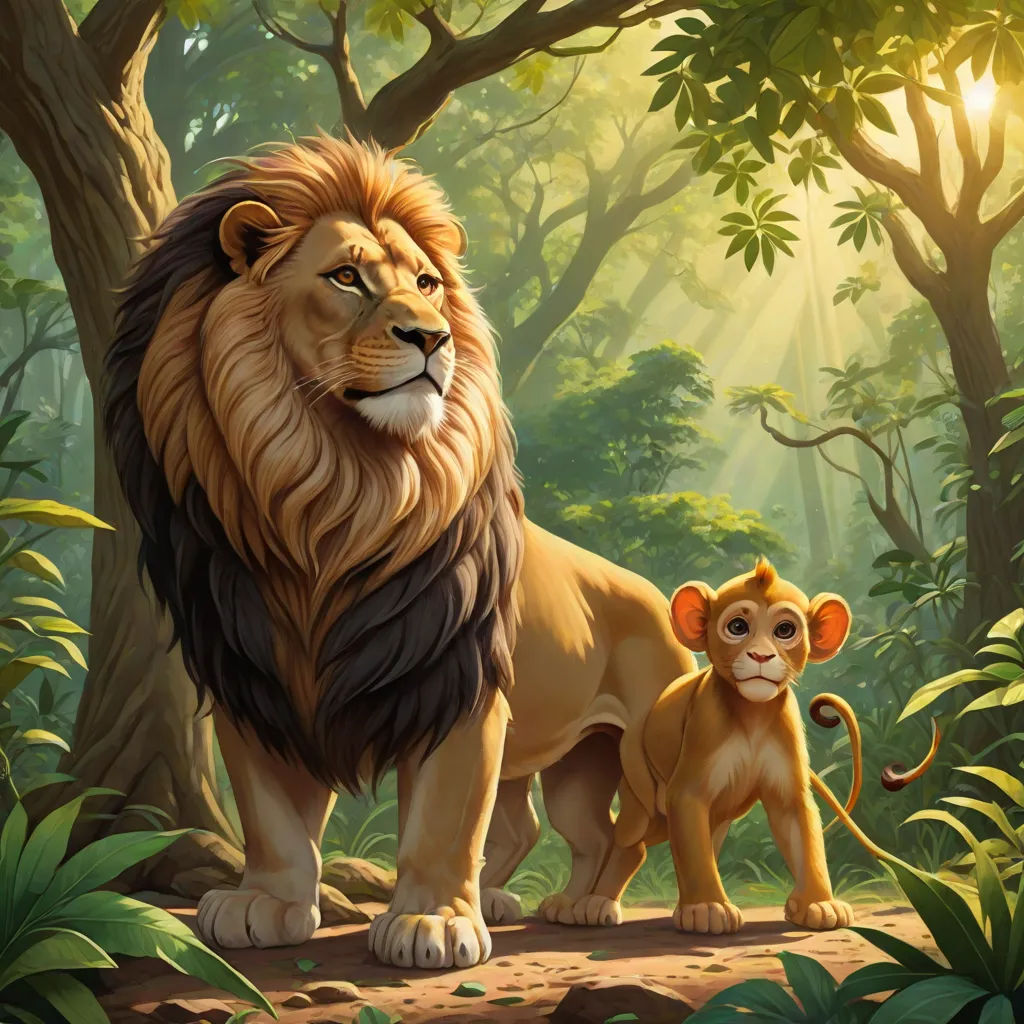 a lion and a monkey standing in the jungle together, with sunlight shining through the trees behind them,, Brothers Hildebrandt, furry art, a detailed matte painting, official art