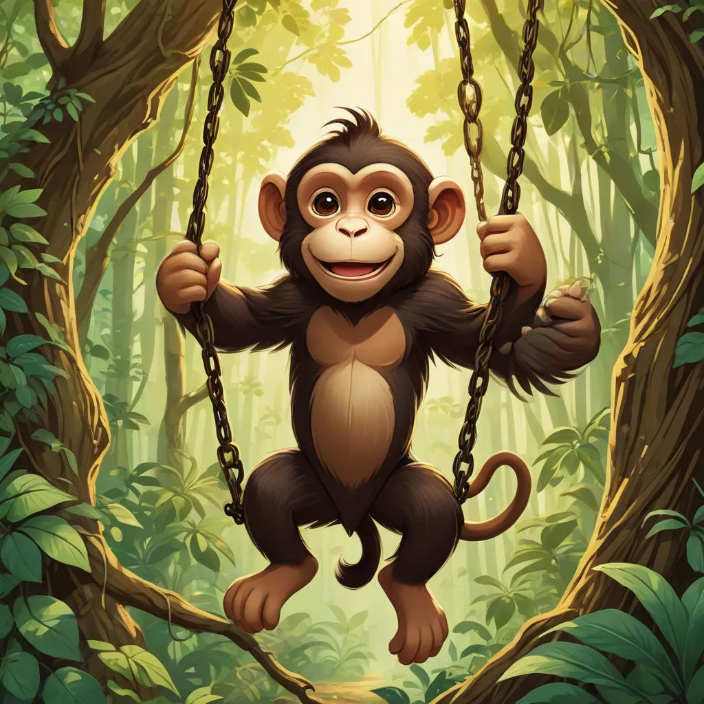 a monkey hanging on a tree branch in a jungle with a smile on its face and arms, swinging on a swing, Alex Petruk APe, fantasy art, a storybook illustration, highly detailed digital painting