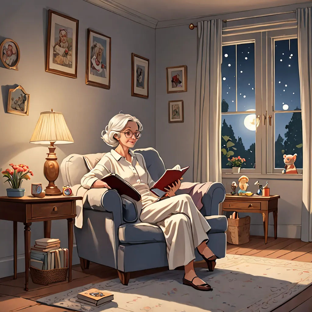 a woman sitting in a chair reading a book in a room with a window and a lamp on the side table, american scene painting, a storybook illustration, Evgeny Lushpin, storybook illustration