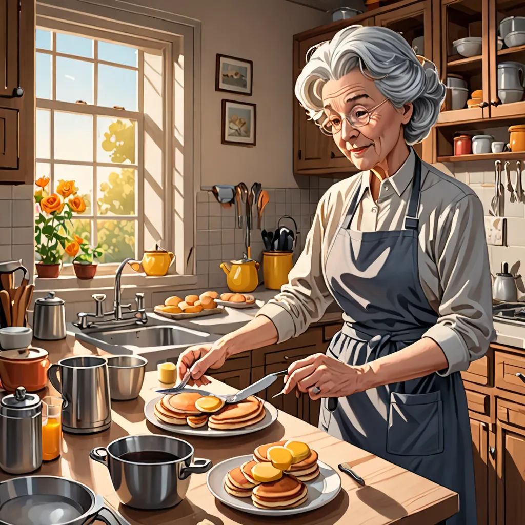 a woman in a kitchen preparing pancakes on a cutting board with a knife and a pot of oranges, american scene painting, an ultrafine detailed painting, Evgeny Lushpin, highly detailed digital painting