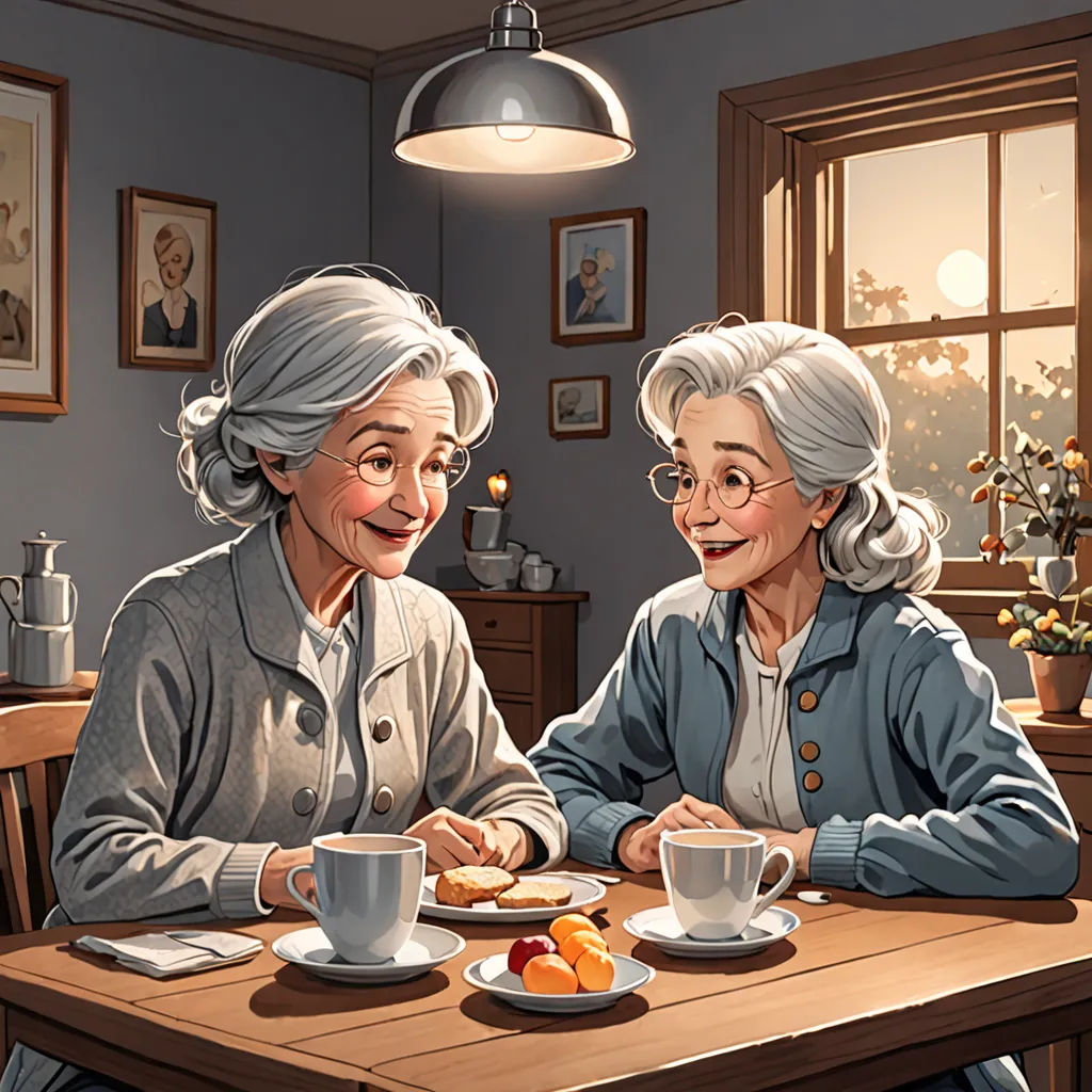 two older women sitting at a table with a cup of coffee and a plate of food in front of them, american scene painting, a storybook illustration, Evgeny Lushpin, storybook illustration