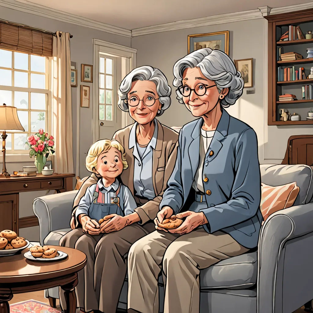 a family sitting on a couch in a living room with a child and an adult holding a plate of food, american scene painting, a comic book panel, F Scott Hess, storybook illustration