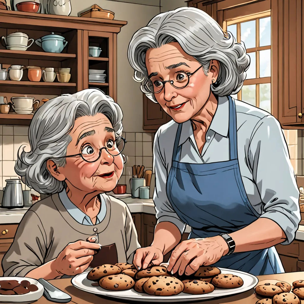 a woman and an older woman are making cookies together in the kitchen, while a man is looking on, fantastic realism, a storybook illustration, F Scott Hess, storybook illustration