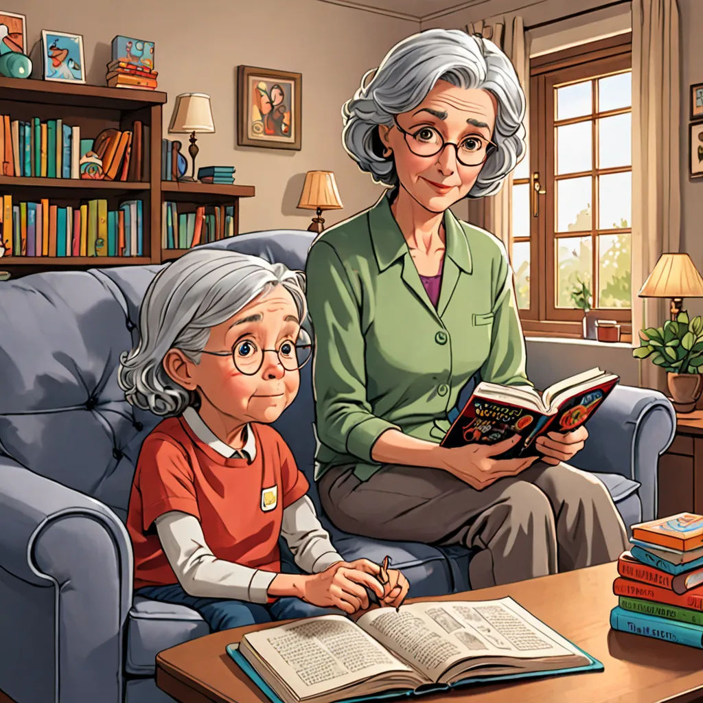 a woman sitting on a couch next to a child reading a book in a living room with a bookcase, american scene painting, a storybook illustration, F Scott Hess, storybook illustration